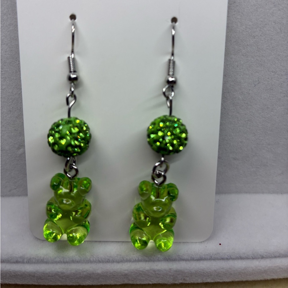 Sparkling Green Bear Drop Earrings